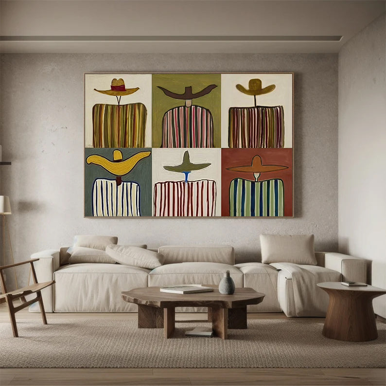 Modern Abstract Grid Oil Painting - Multi-Panel Style Hand-Painted Figures in Hats