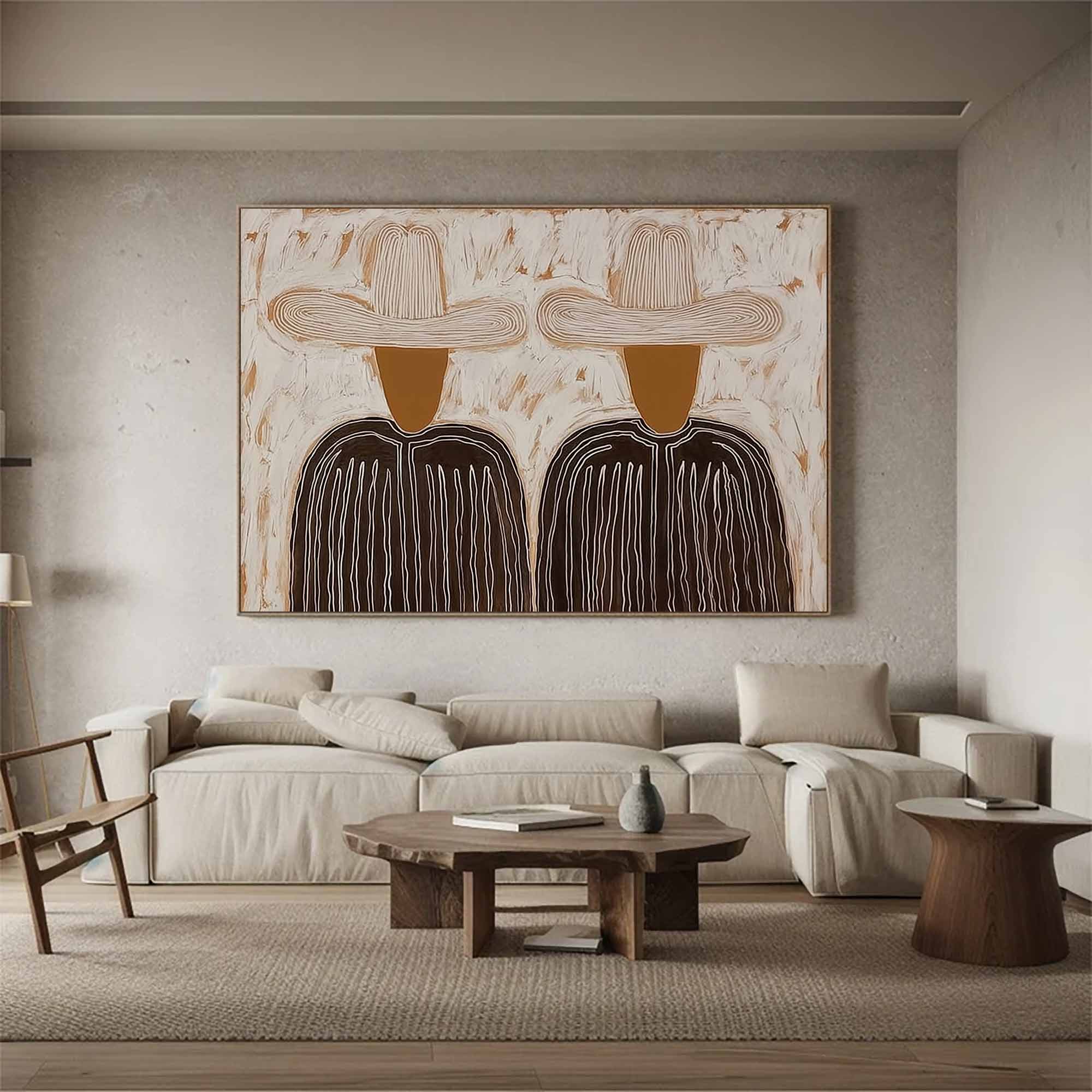 Minimalist character abstract art two cowboys with hats canvas painting