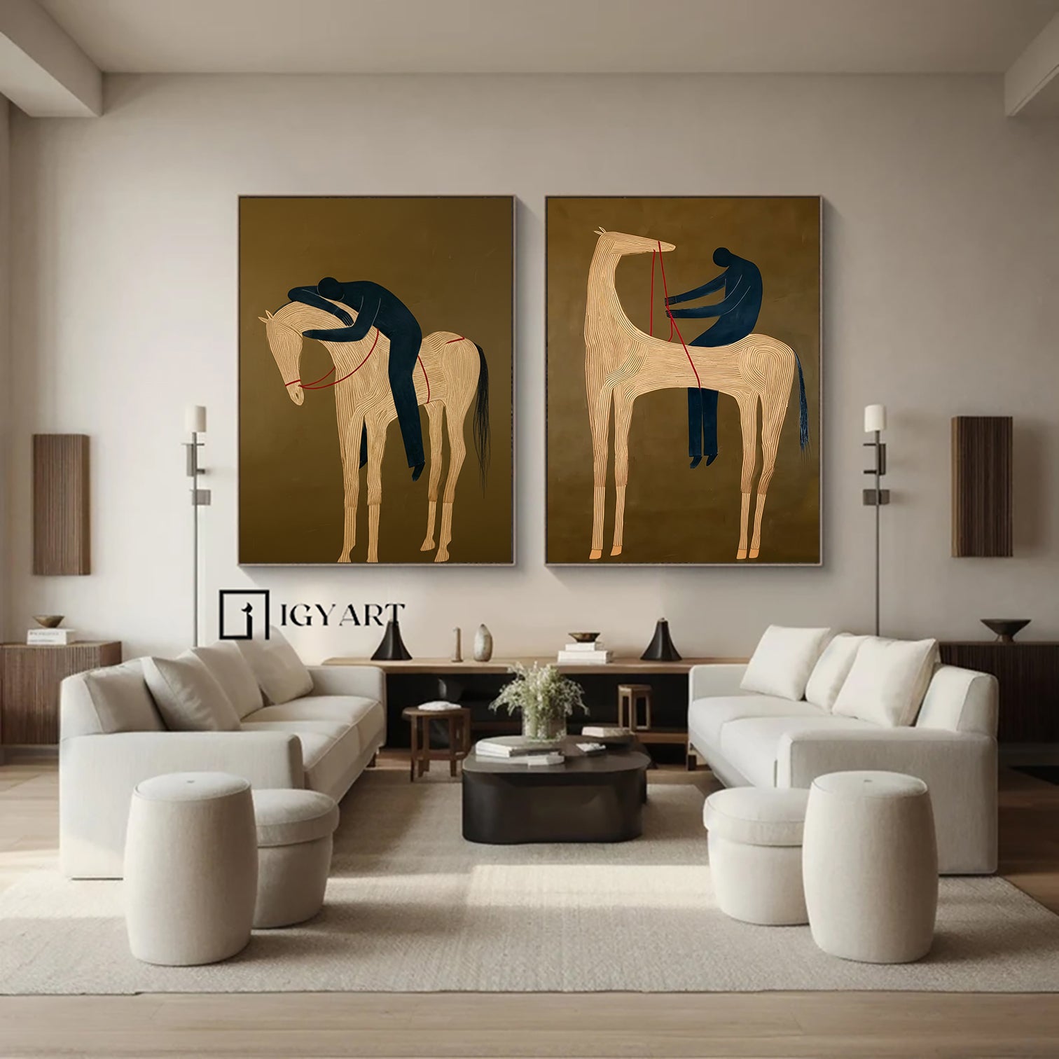 Set of 2 Equestrian Art Decor Minimalist Horse and Man Painting