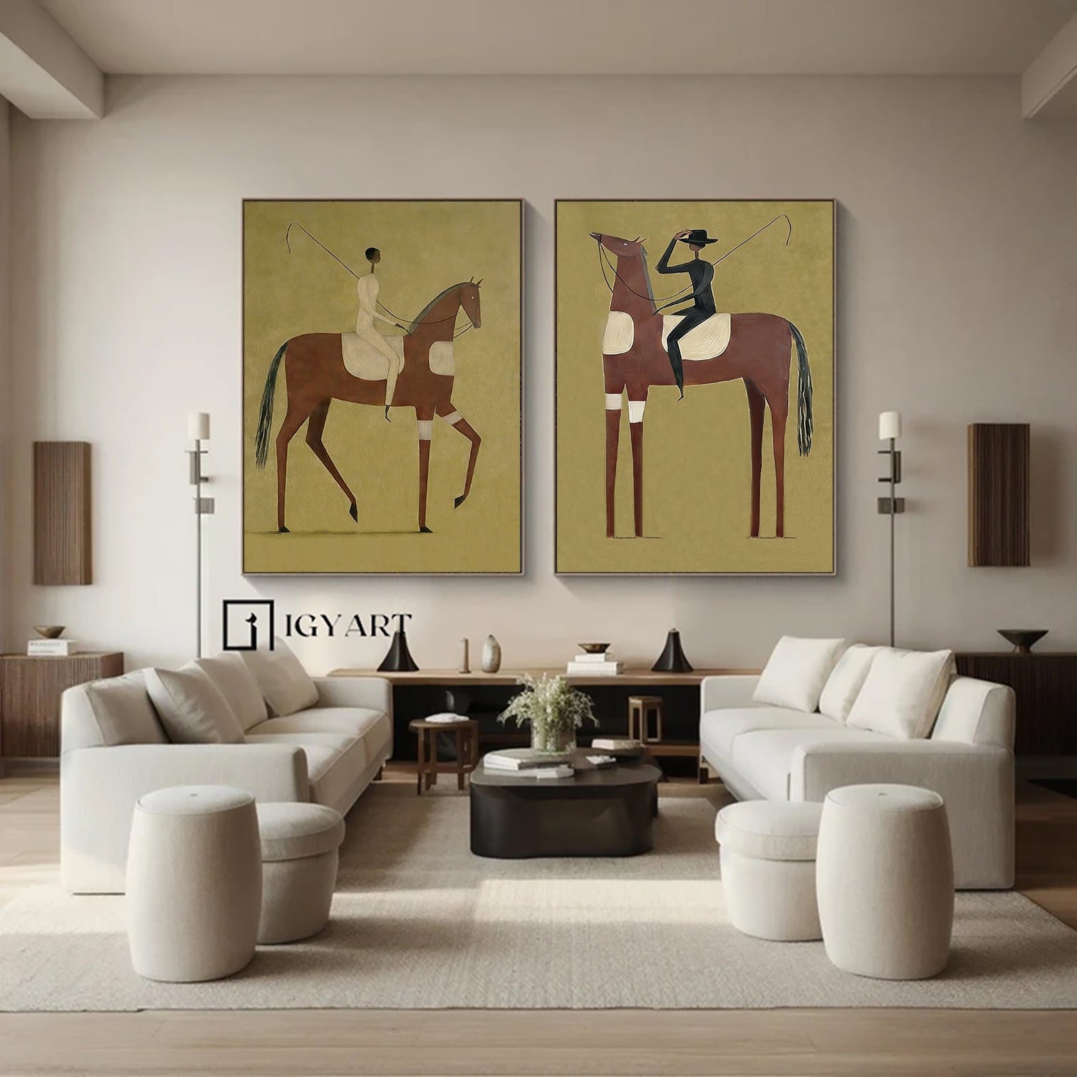 Set of 2 Equestrian Art Decor Minimalist Horse and Man Painting