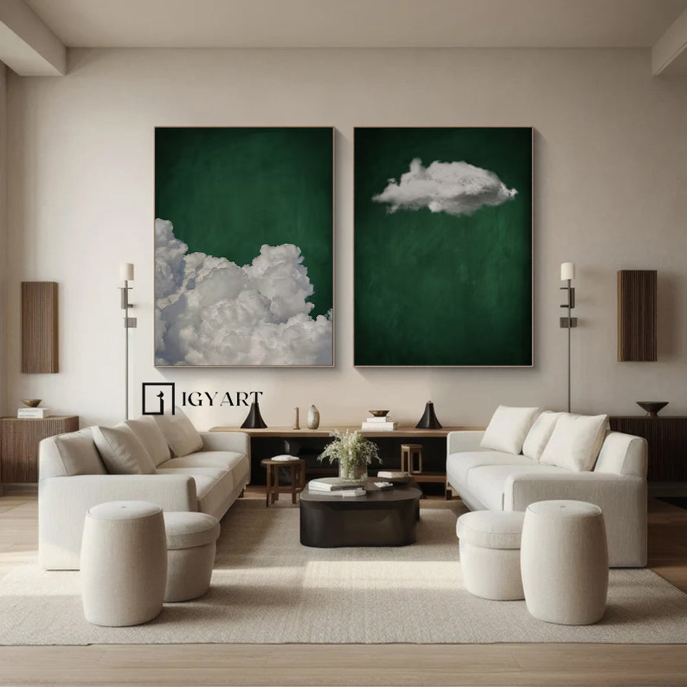 Set of 2 green art white cloud sky painting green abstract painting