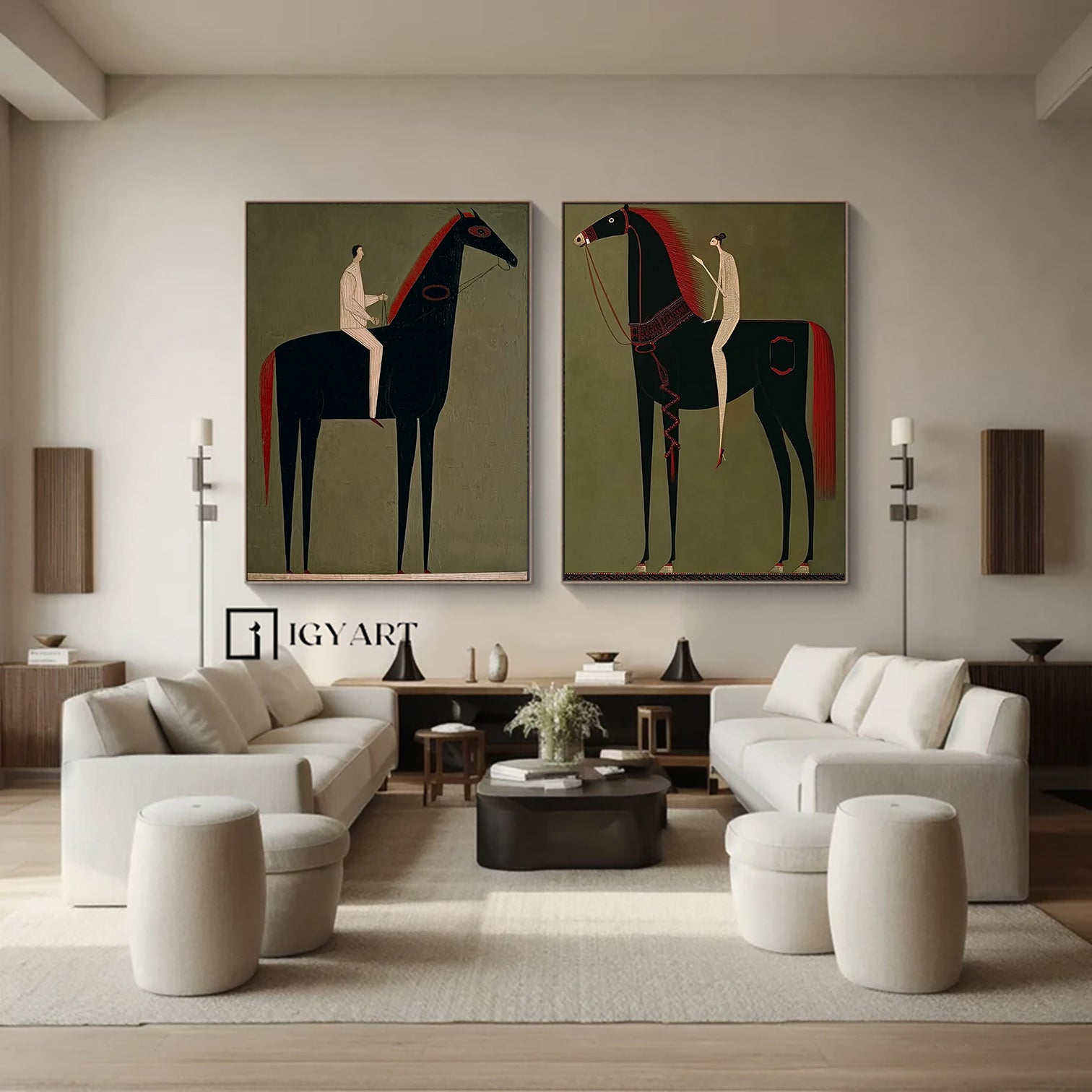 Set of 2 olive olive background Equestrian Art Decor olive green Horse and Man Painting