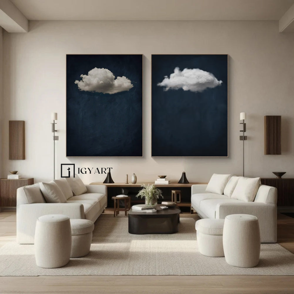 Set of 2 Blue painting white cloud sky painting Blue abstract painting