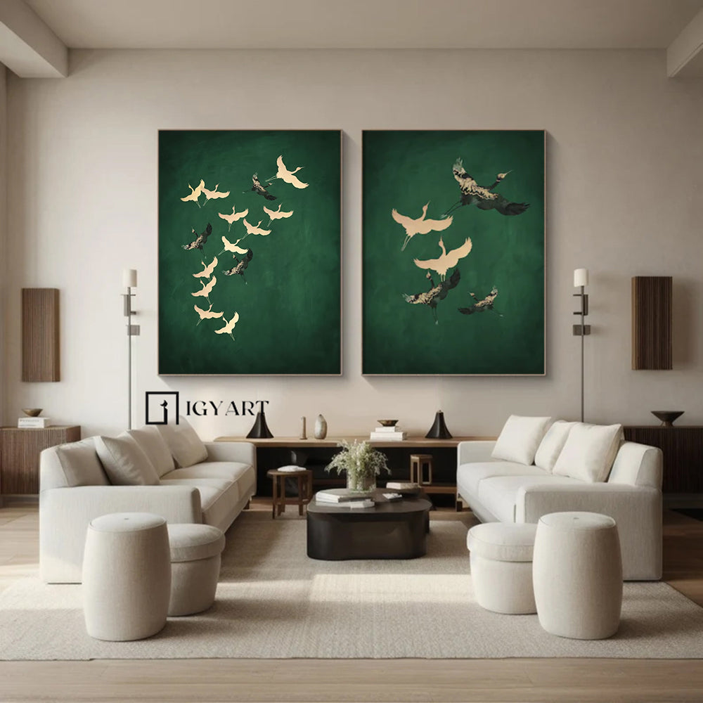 Set of 2 green art painting White crane painting, bird painting