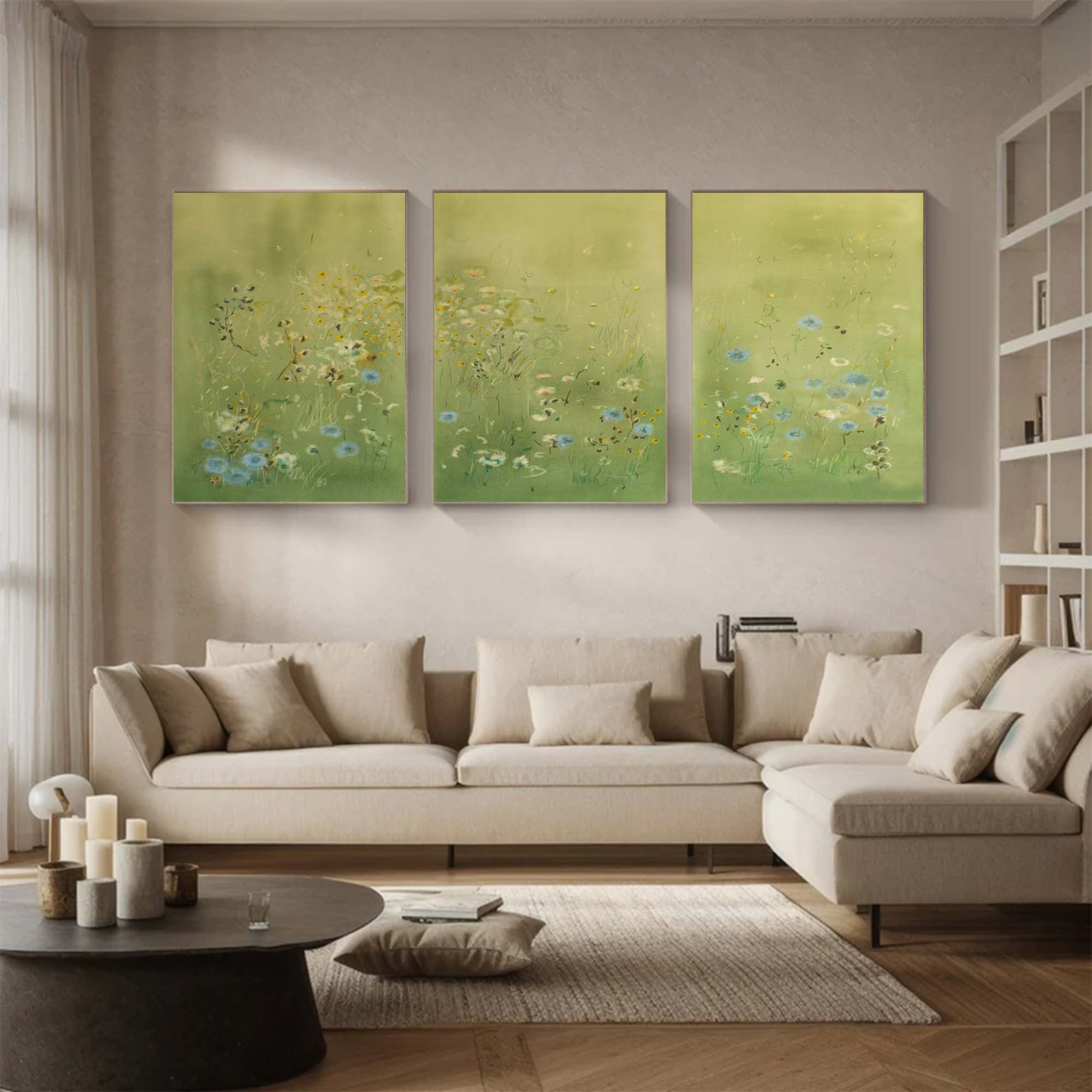 Set of 3 Green Flower abstract Painting Green landscape abstract painting