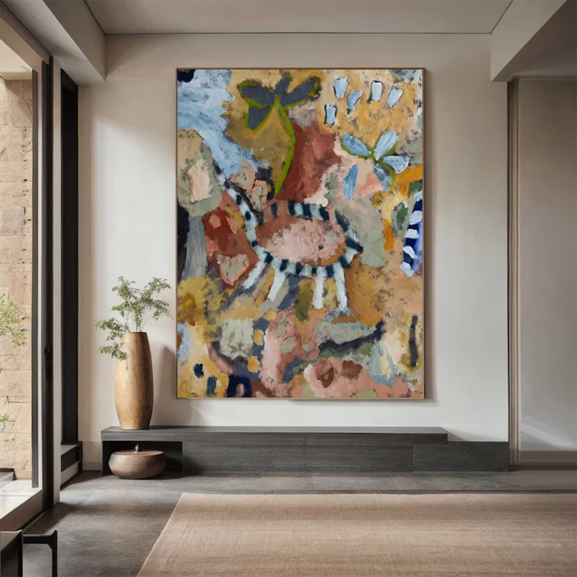 Abstract painting in a modern interior setting with a plant and vase.