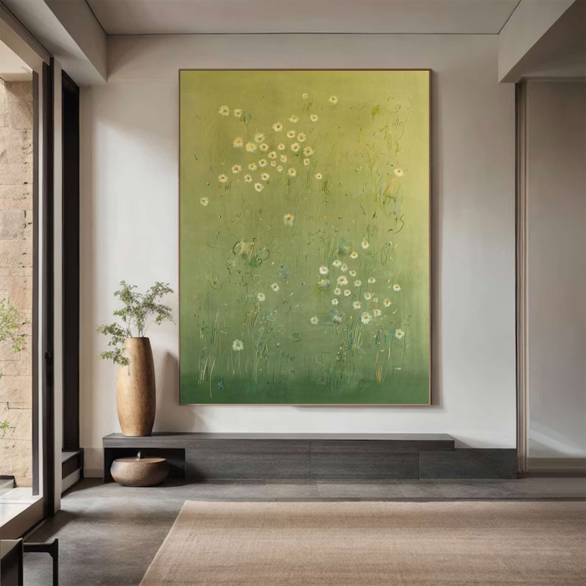Green abstract painting, green plant wall painting, flower painting