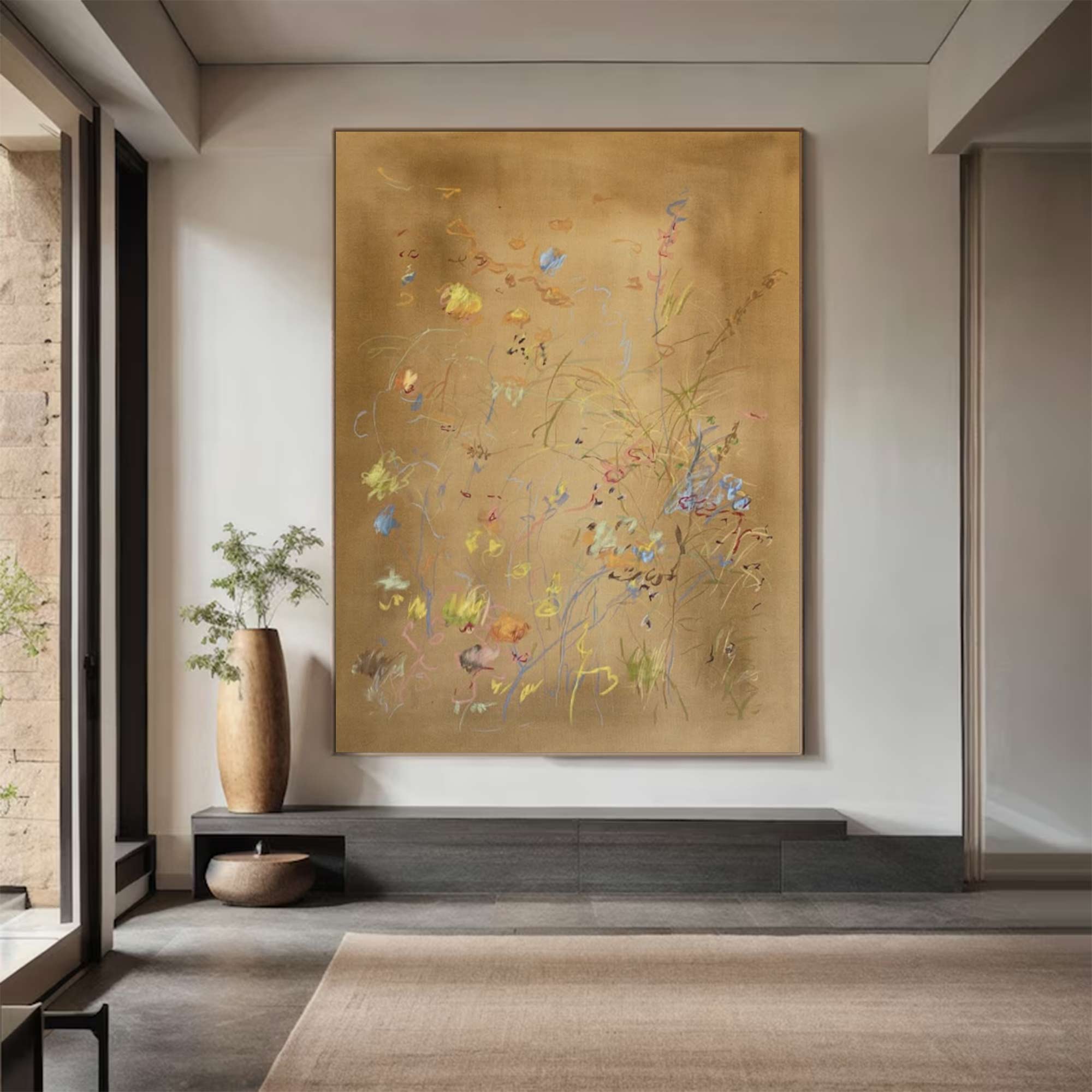 Earth color flower painting brown abstract painting, brown plant wall painting