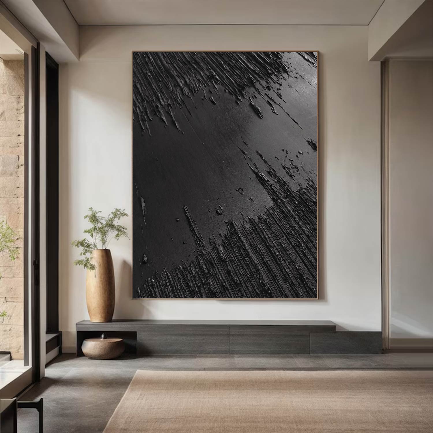Large Black Abstract Painting Black wall art Black plaster art Black textured wall art