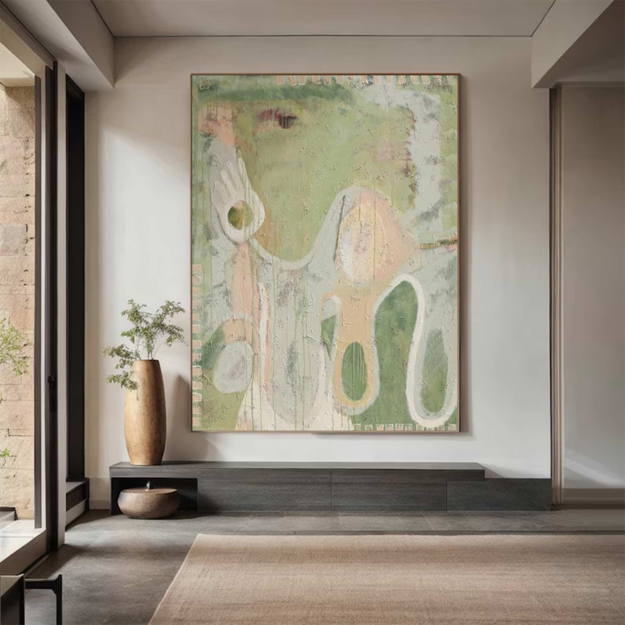 Green abstract painting, green graffiti art, green textured living room wall decor