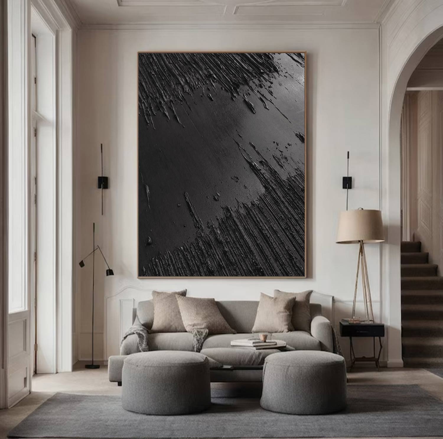Large Black Abstract Painting Black wall art Black plaster art Black textured wall art