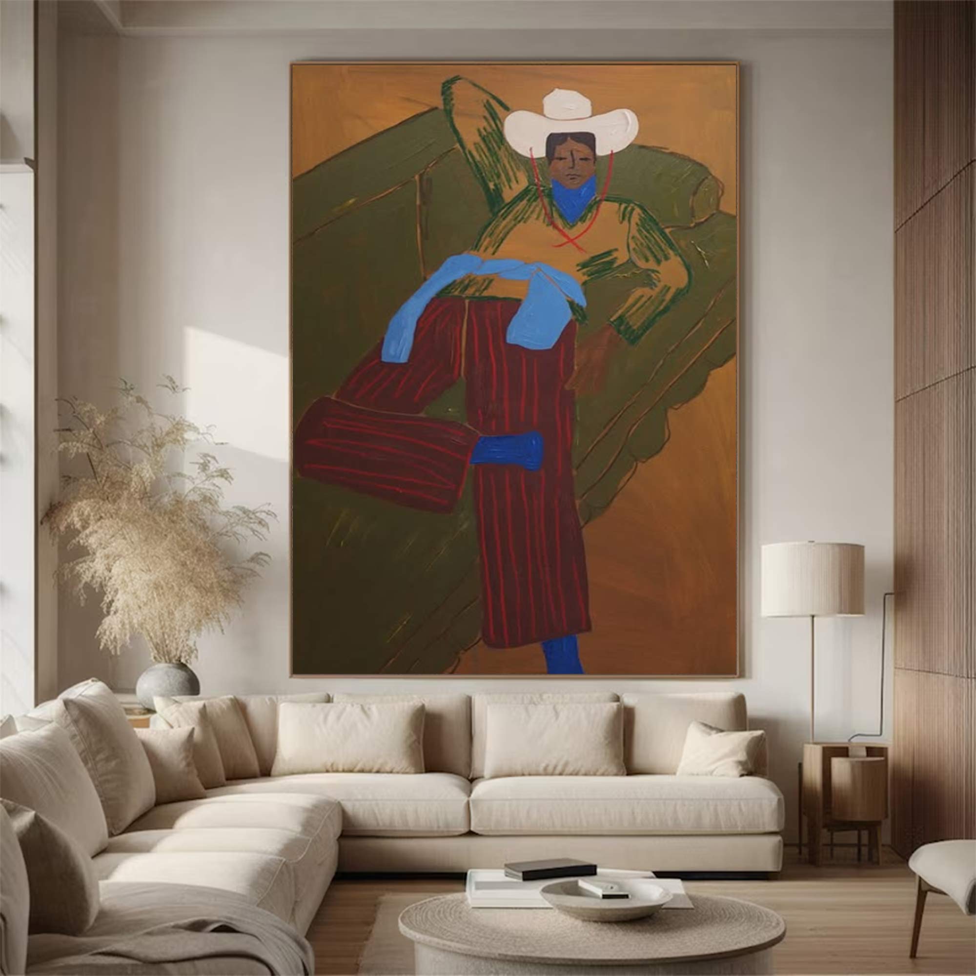 Retro Cowboy Portrait Art Painting contemporary Quirky Male Figure Decor