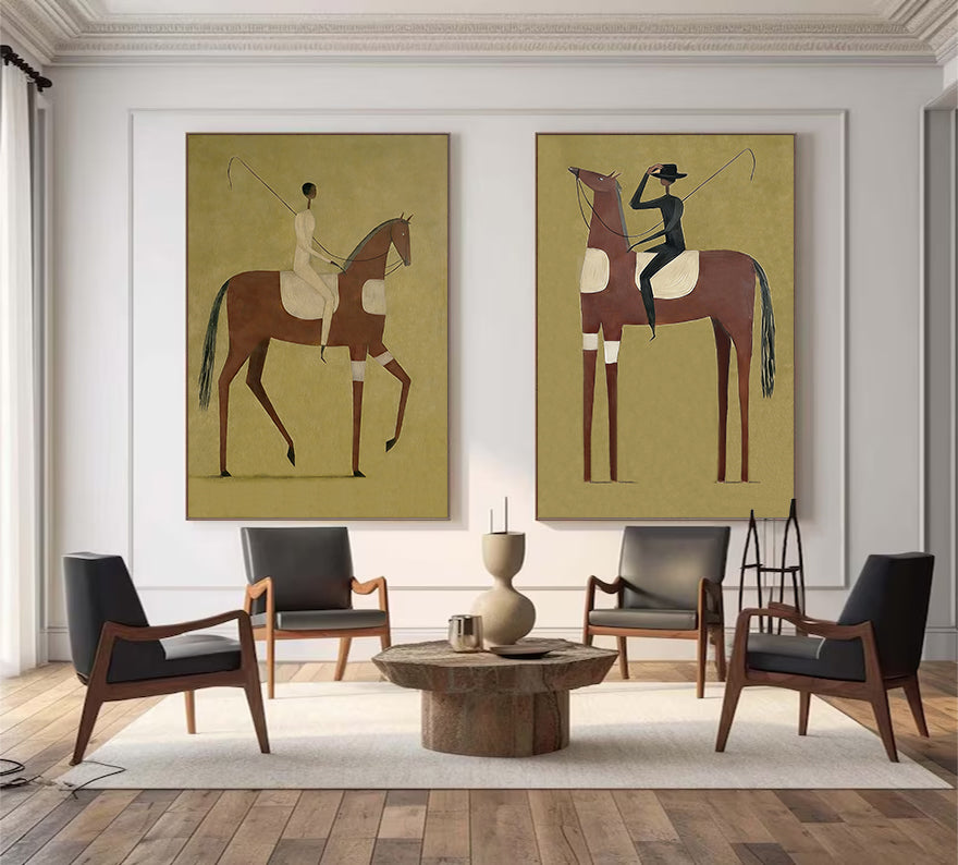 Set of 2 Equestrian Art Decor Minimalist Horse and Man Painting