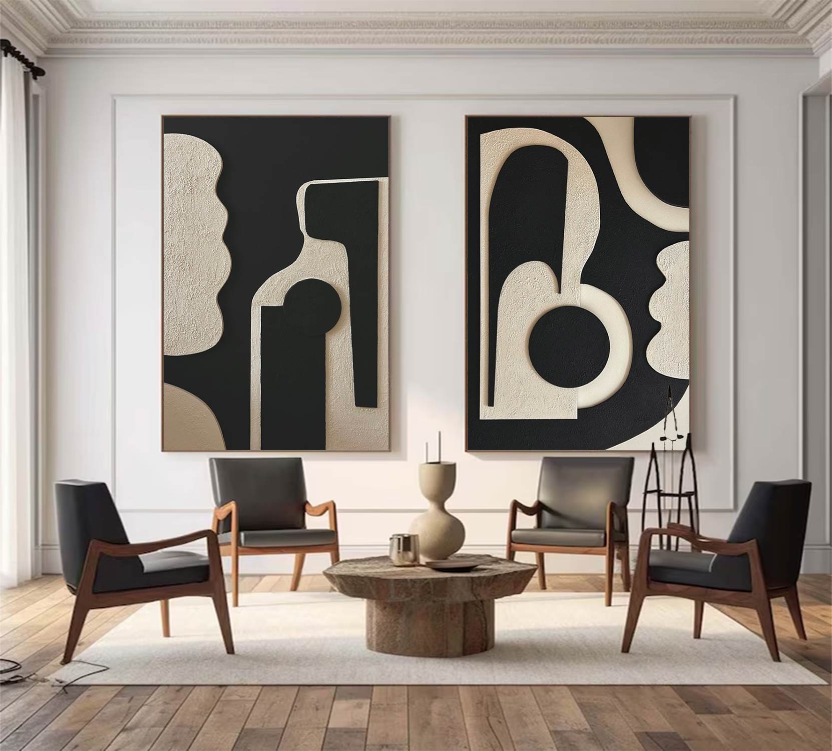 Set of 2 Black and white Textured Wall Art Set of 2 Black Beige Painting Set of 2 Black Minimalist Wall Art
