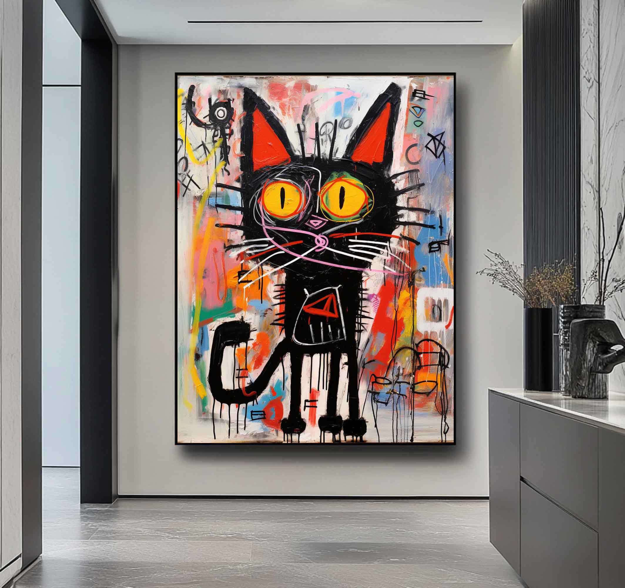 Colorful Pop Art Cat Canvas Abstract Cat Wall Art Modern Street Art Cat