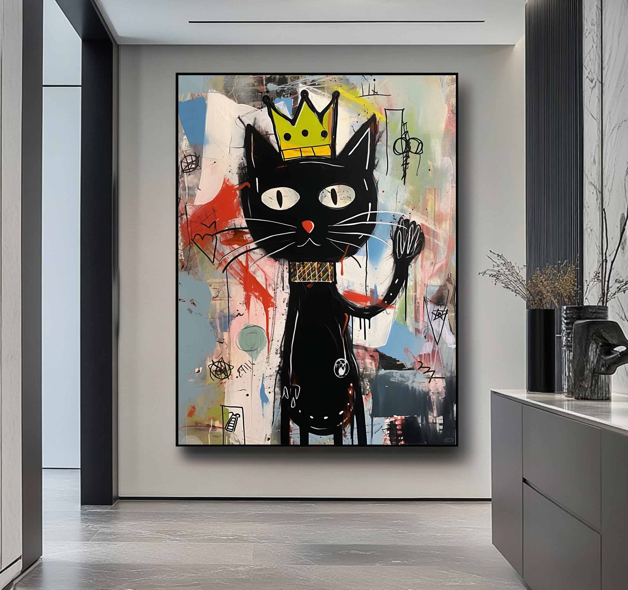 Graffiti Black Cat Painting Colorful Pop Art Canvas,Street Art Cat Wall Decor