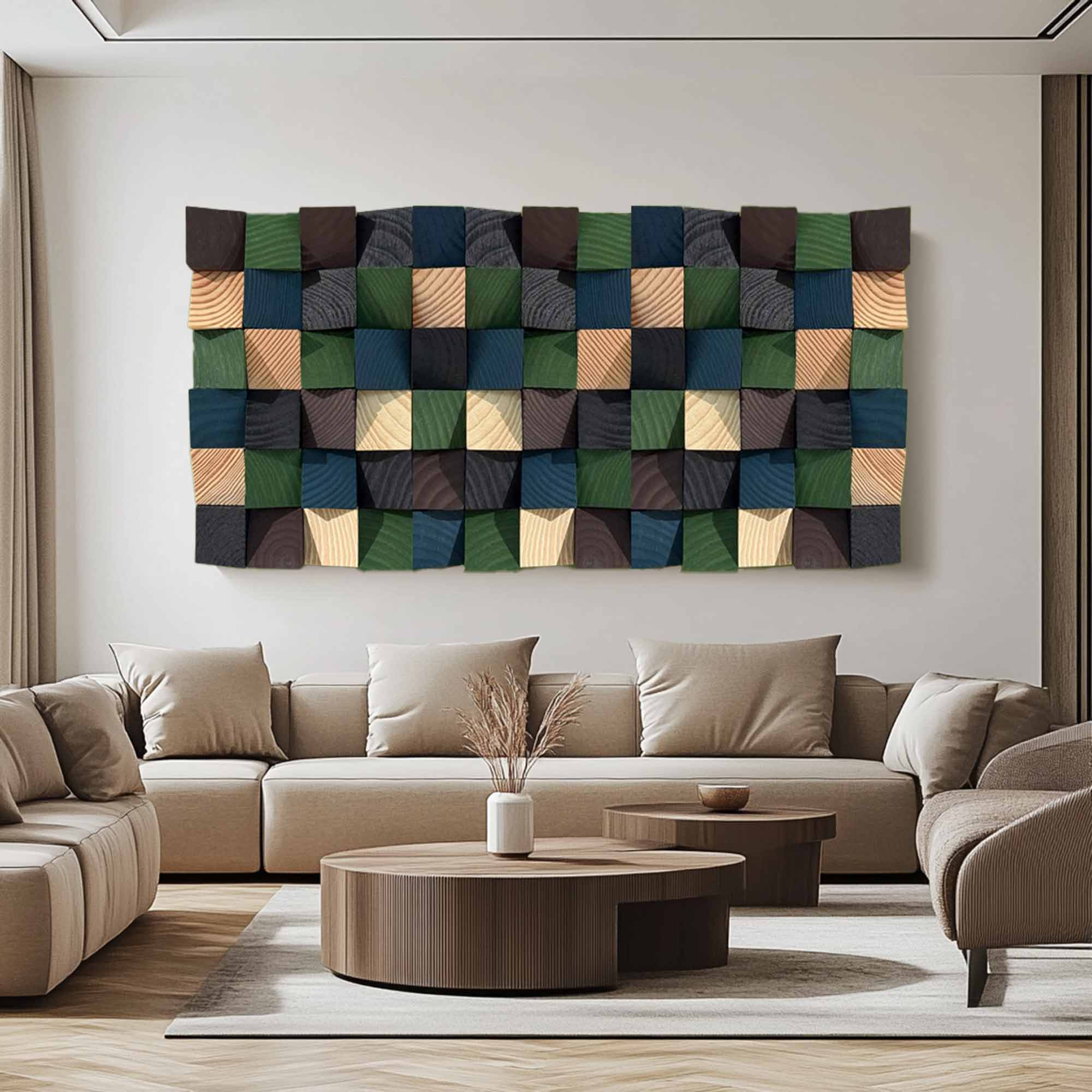 Green Geometric Wood Art Textured Wall Sculpture Wood carving wall art