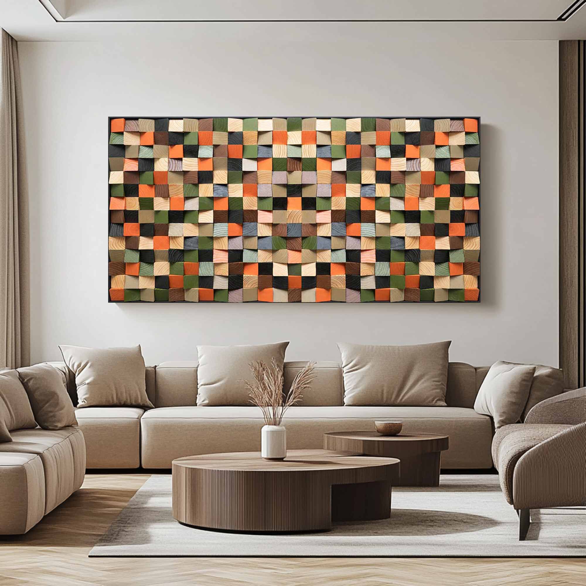 Geometric Wood Wall Art Green Textured Wall art Green Sculptured art