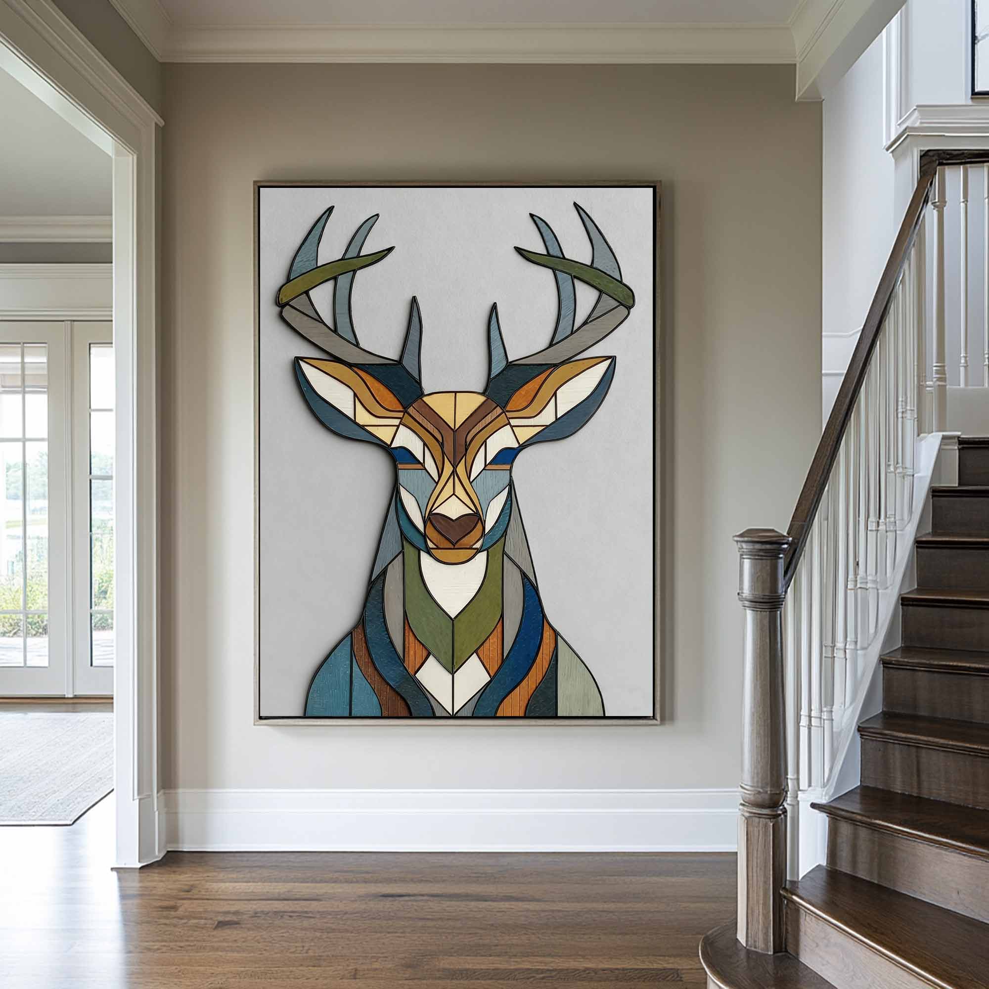 Geometric deer head wood wall art Stained wood style deer wall decor