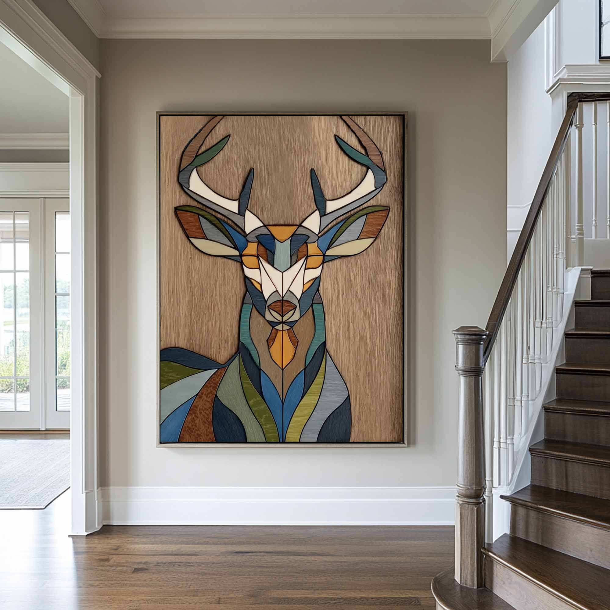 Geometric deer head wood wall art Stained wood style deer wall decor