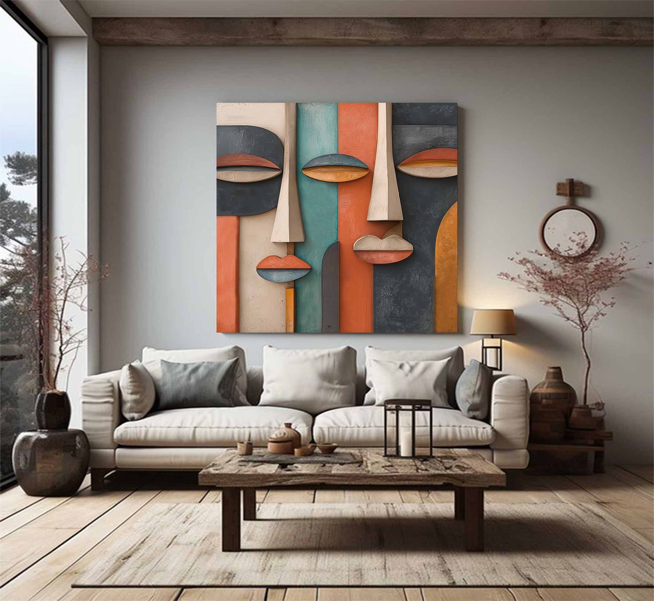 Wood carving wall art Abstract painting face Sculptured art Painting