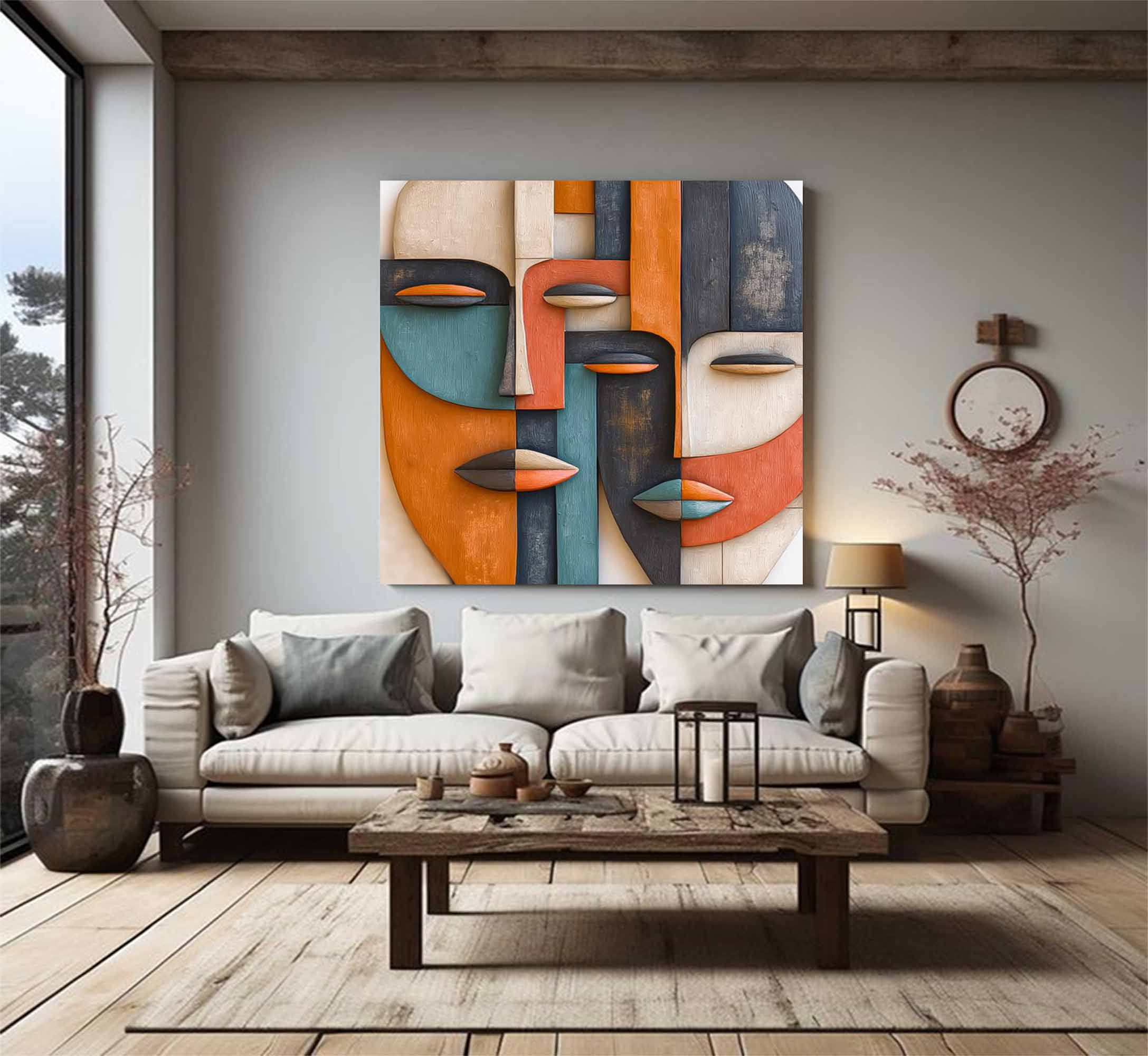 Hand-Painted Wood Carving Wall Art face Abstract 3D Textured Sculpture