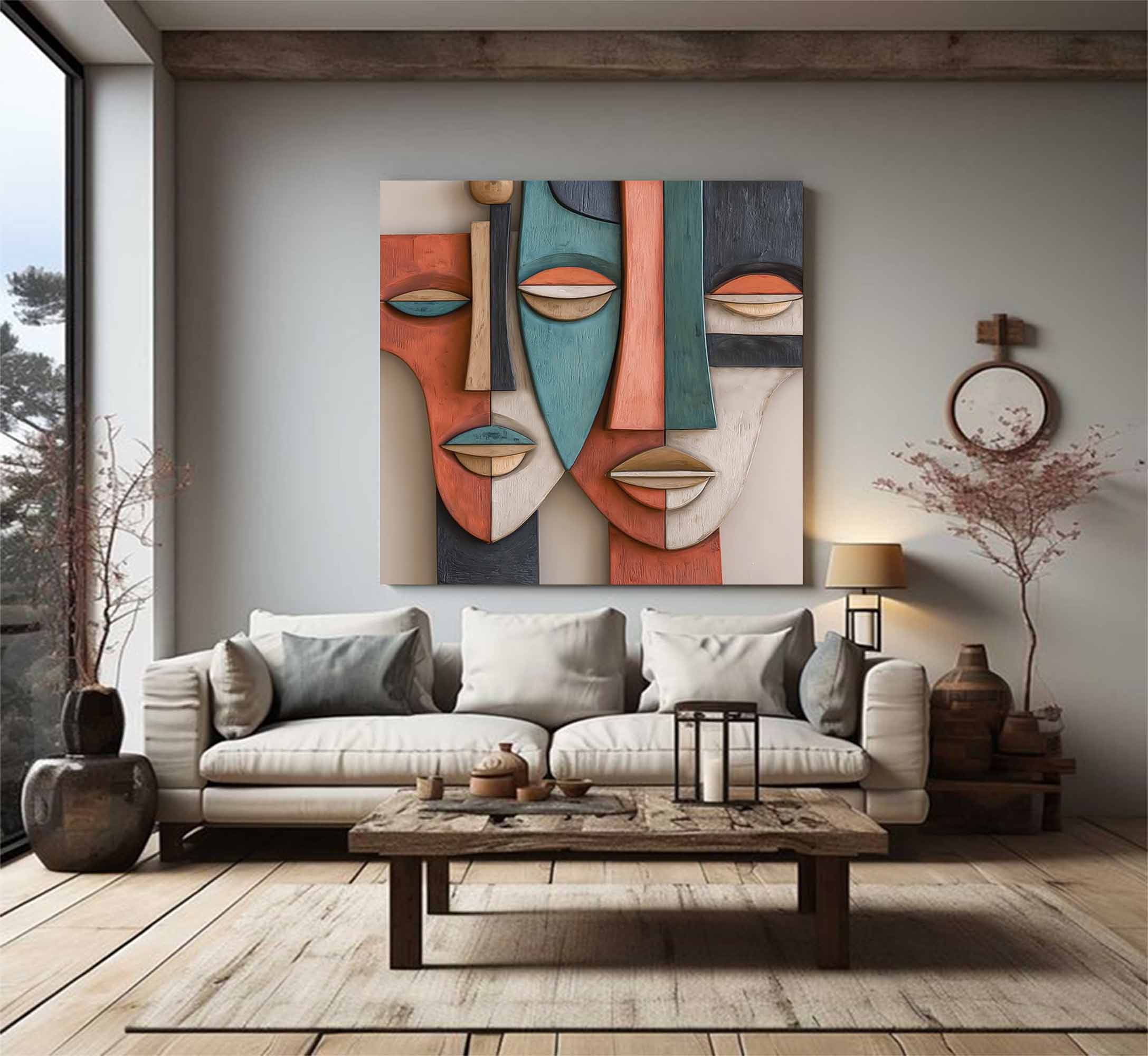 Wood carving wall art Face Sculptured art couple's faces Abstract art