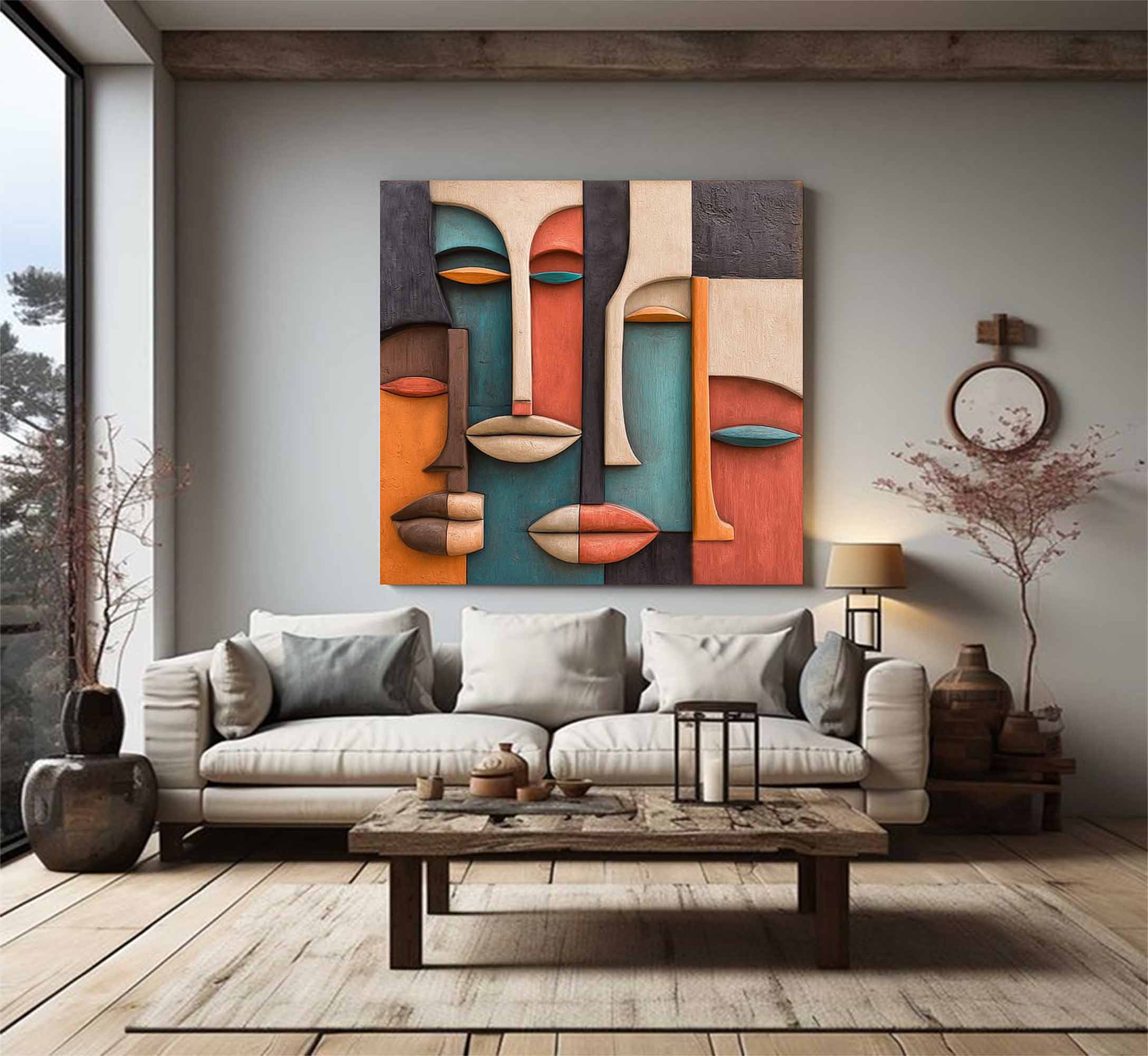 Hand-Painted Wood Carving Wall Art face Abstract 3D Textured Sculpture