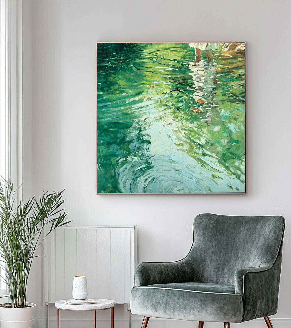 Oil painting of a girl on water, lakeside painting, green textured landscape art
