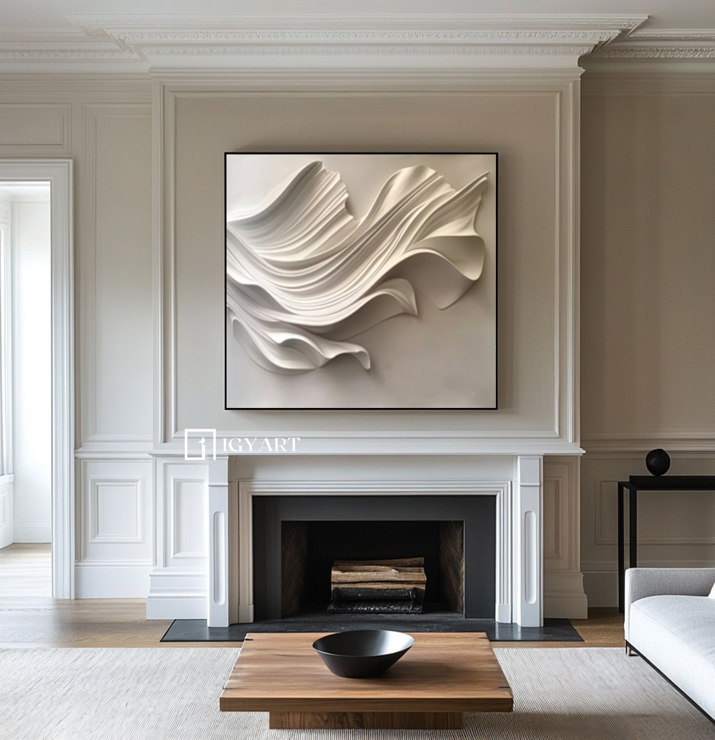 Beige Sculptured art Wood carving wall art 3D Textured Wall Decor