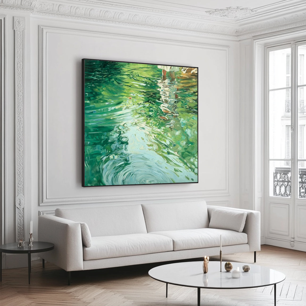 Oil painting of a girl on water, lakeside painting, green textured landscape art