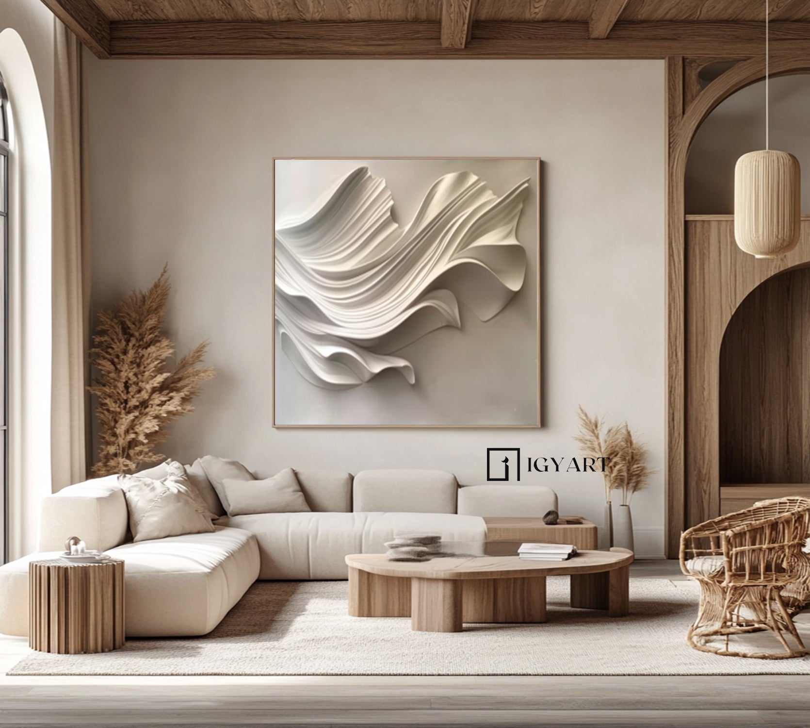 Beige Sculptured art Wood carving wall art 3D Textured Wall Decor