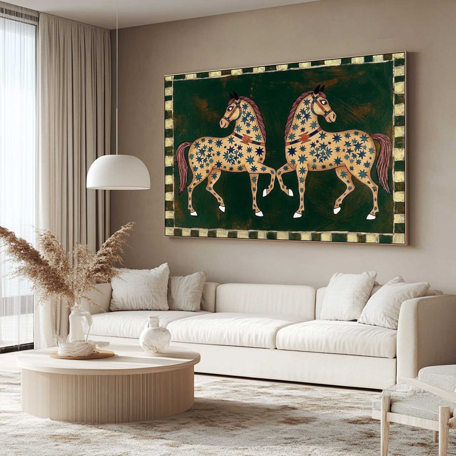 Mid-Century Modern Twin Horses Oil Painting - Folk Art Celestial Stars on Dark Green Canvas