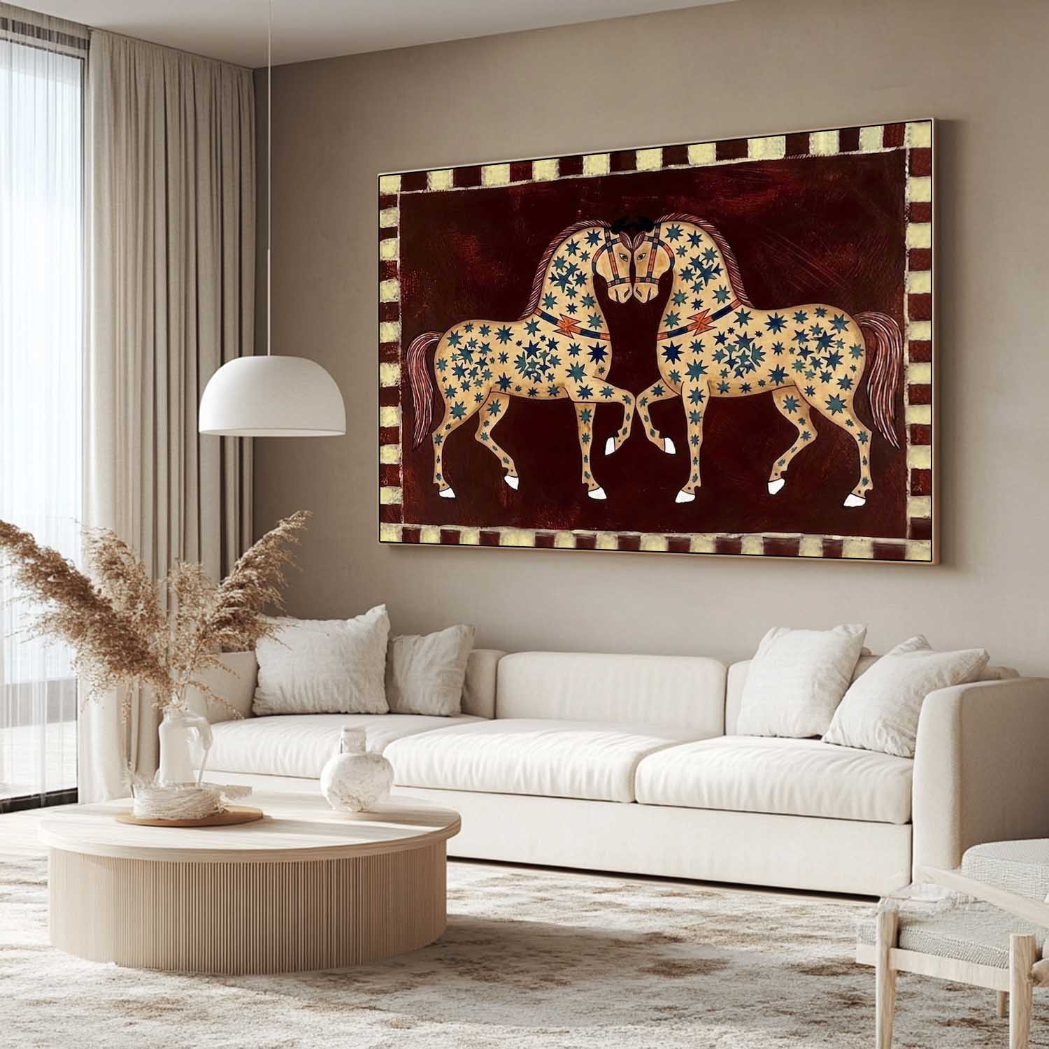 Mid-Century Modern Twin Horses Painting - Minimalist Ethnic Style Double Horse Painting