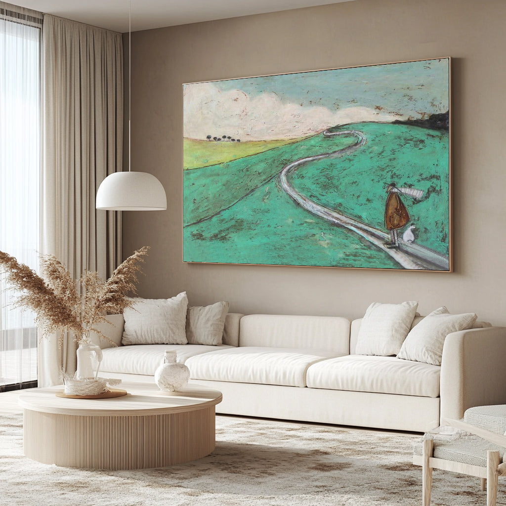 Modern Landscape Oil Painting, Whimsical Man and Dog on Winding Road, Minimalist Green Nature Wall Art