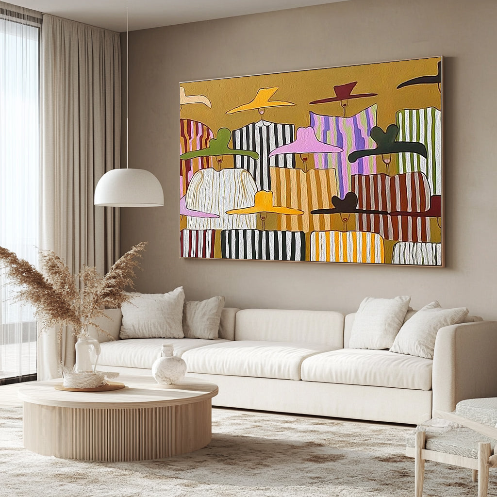 Large Abstract Pop Art Oil Painting for living room- Colorful Chic Ladies in Sun Hats