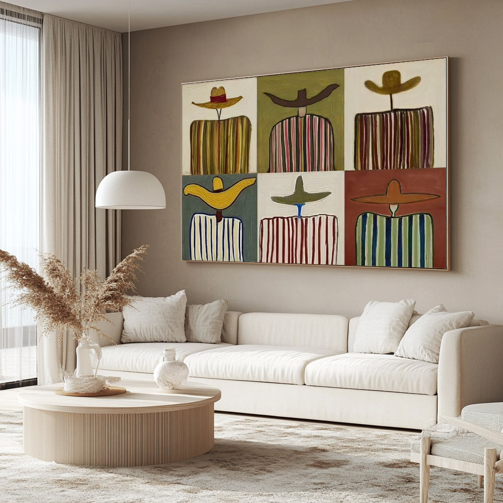 Modern Abstract Grid Oil Painting - Multi-Panel Style Hand-Painted Figures in Hats