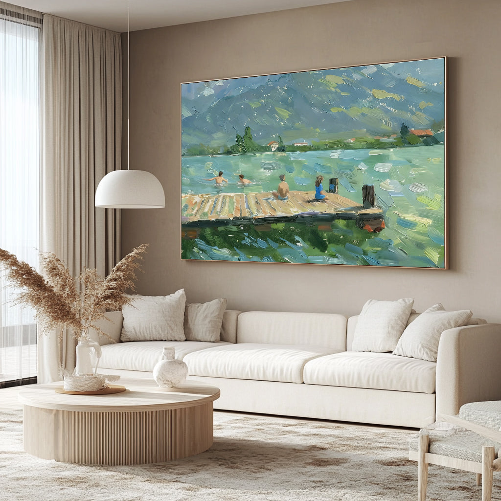 Family Summer lakeside landscape art green landscape abstract painting