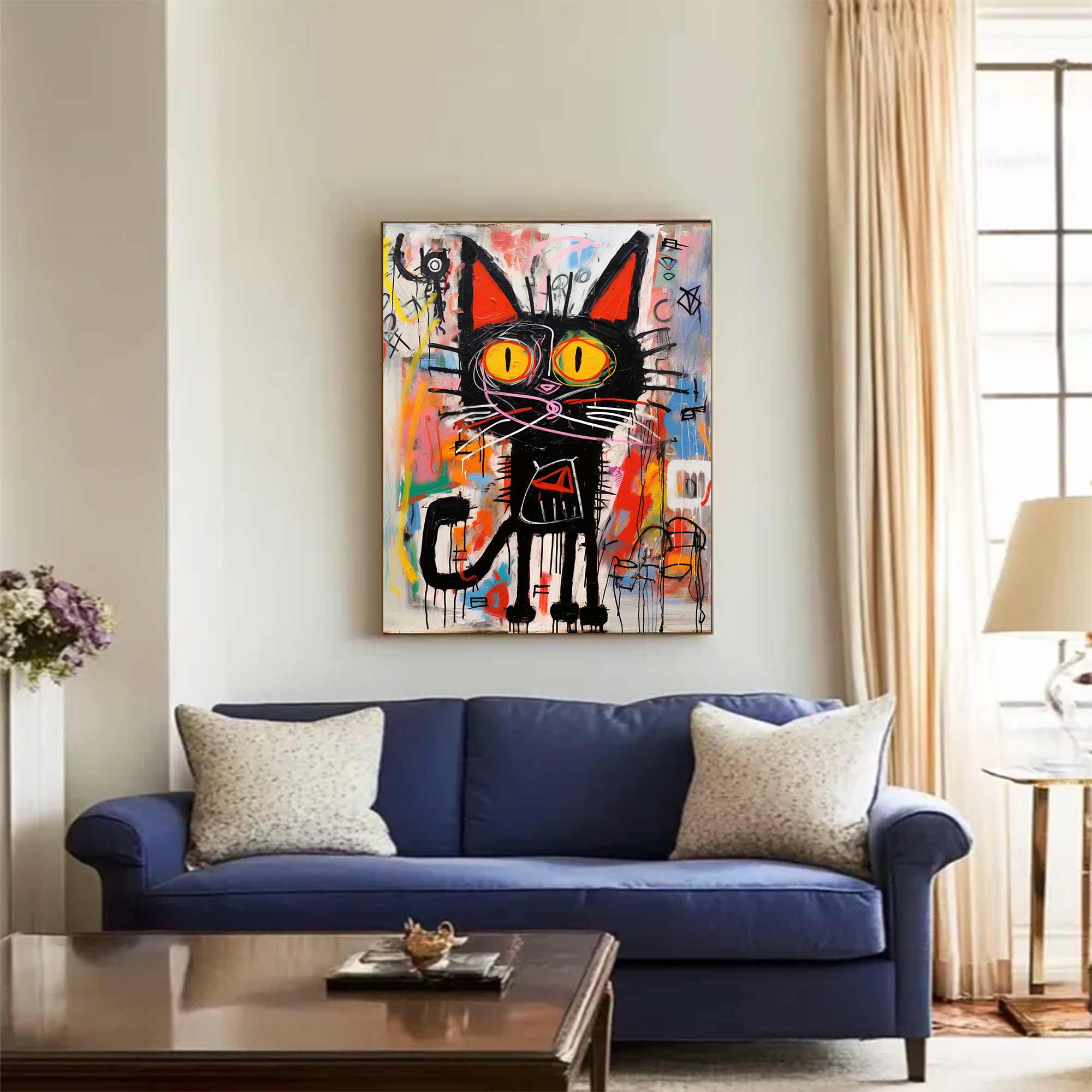 Colorful Pop Art Cat Canvas Abstract Cat Wall Art Modern Street Art Cat
