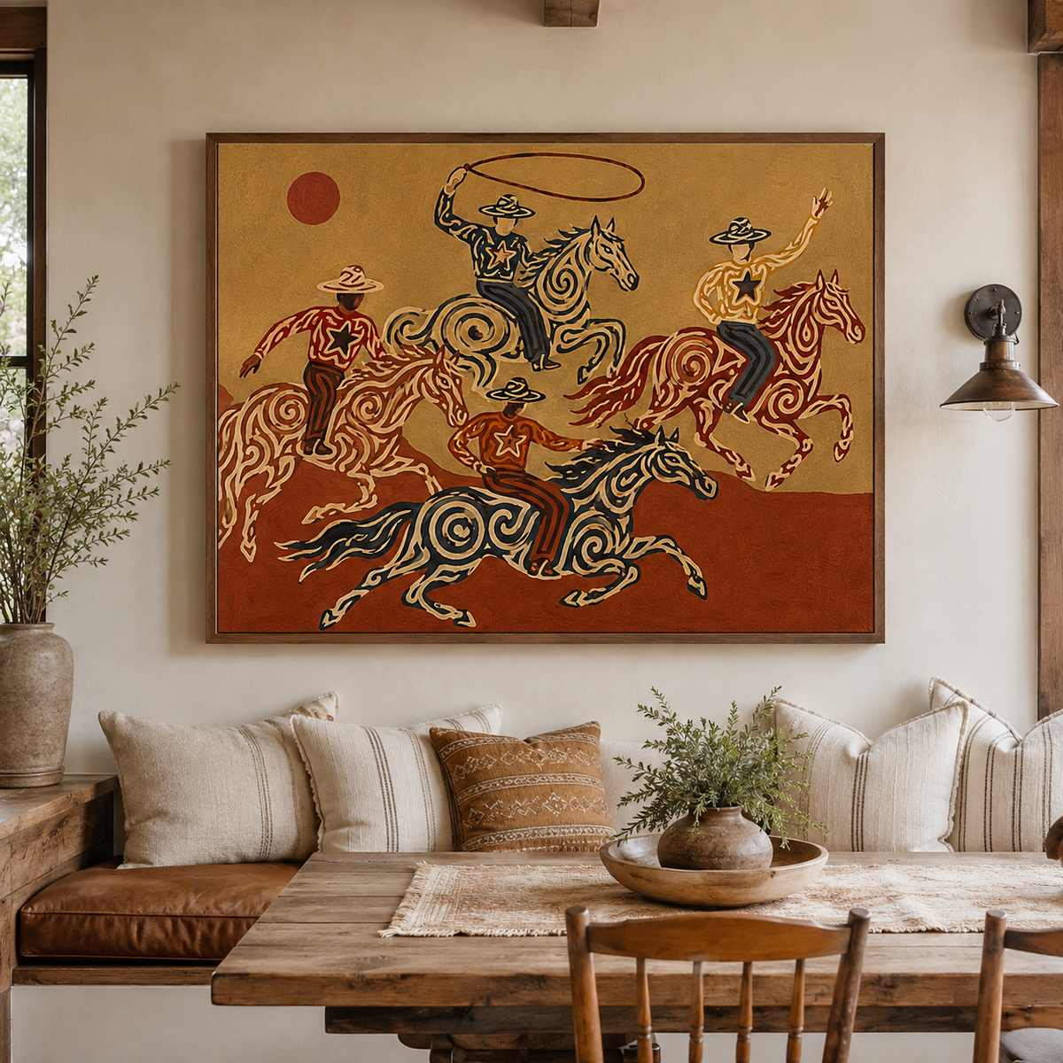 Cowboy And Horse Canvas Painting With Lasso For Western Home Decor