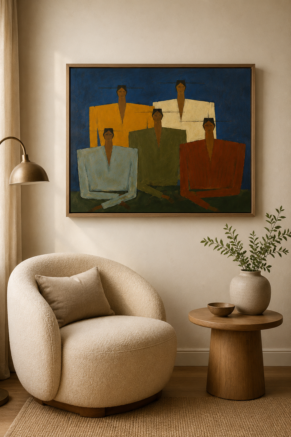 Mid-Century Modern Abstract People Group Oil Painting Large Figurative Wall Art for Modern Home