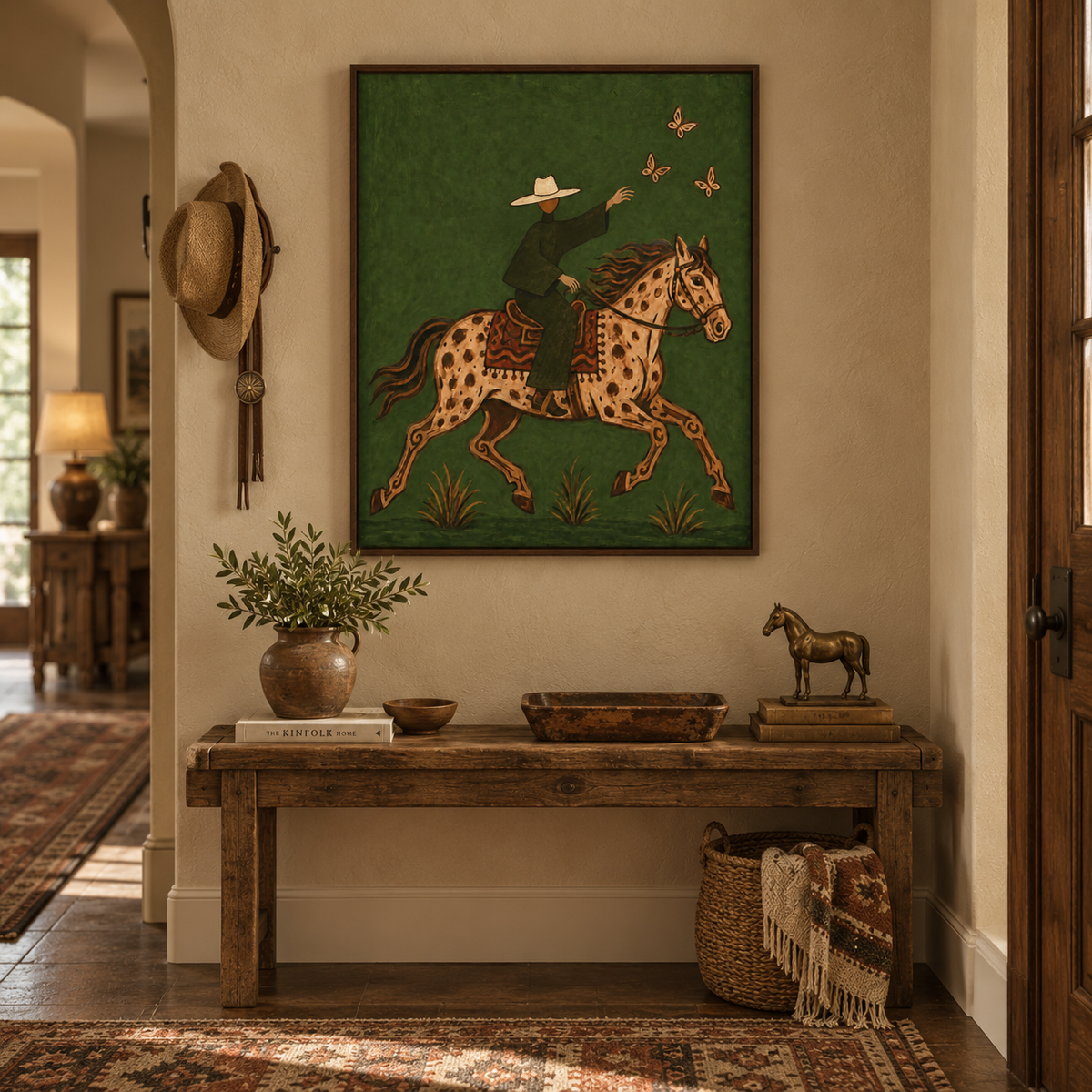Cowboy And Spotted Horse Canvas Painting With Butterflies In Green