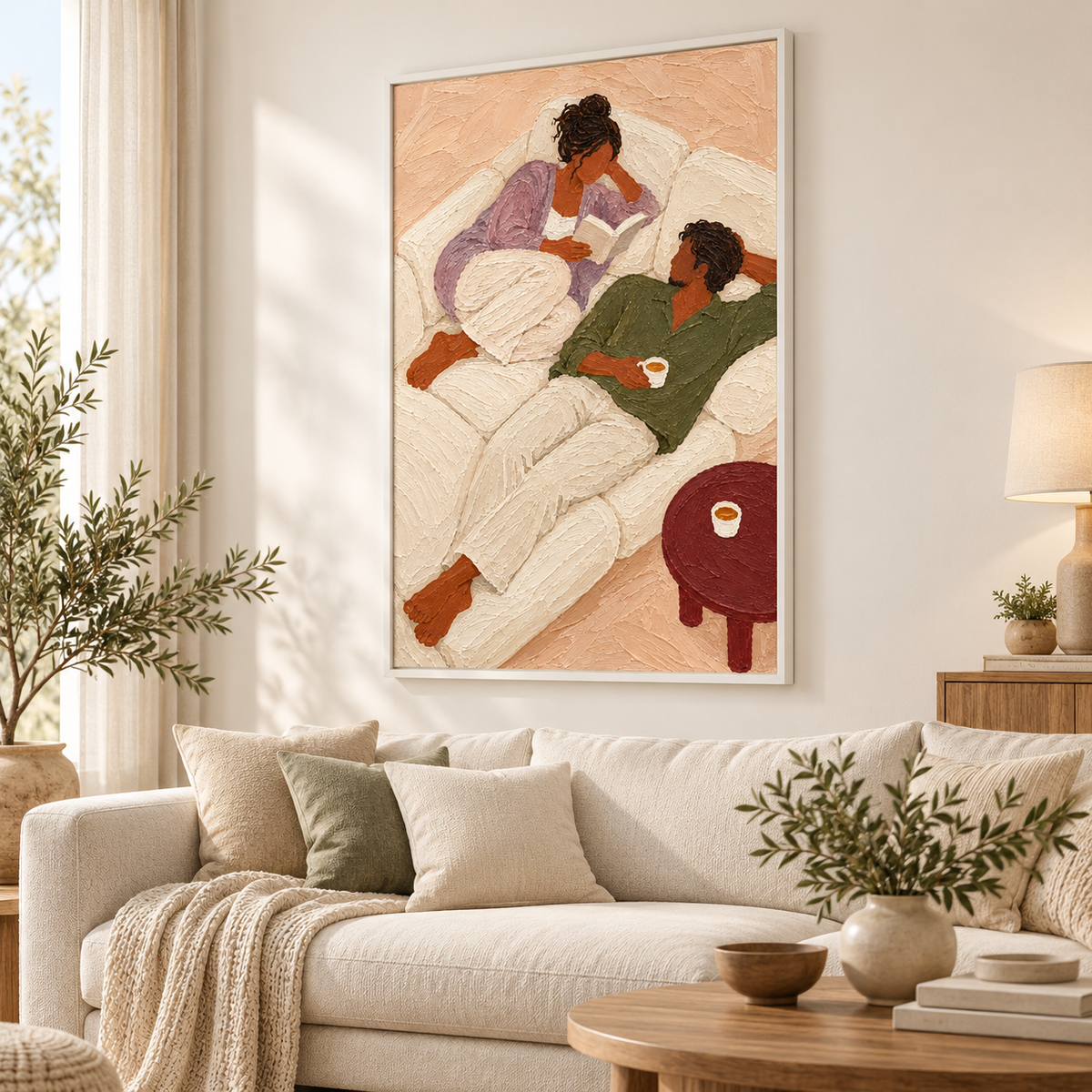 Cozy Couple Reading Painting Romantic Living Room Wall Art With Textured Couple Figure Painting
