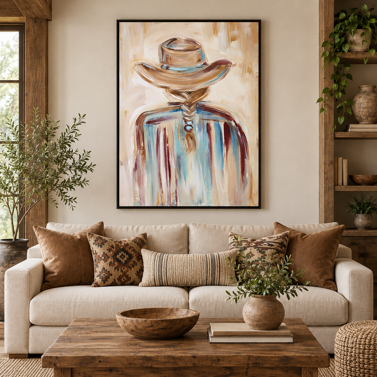 Cowgirl Back View Canvas Painting Hand-Painted Western Art In Beige And Blue