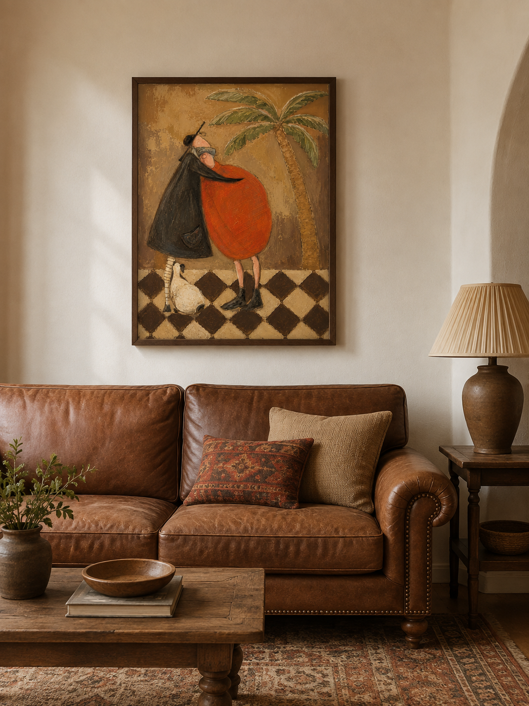 Vintage Tropical Wall Art With Two Figures In Brown Tones For Modern Living Room Decor