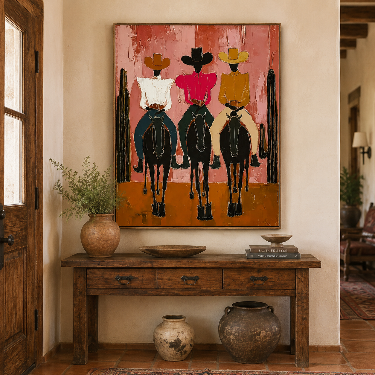 Modern Pink Desert Cowboy Painting With Cactus Canvas Art For Living Room Wall Decor