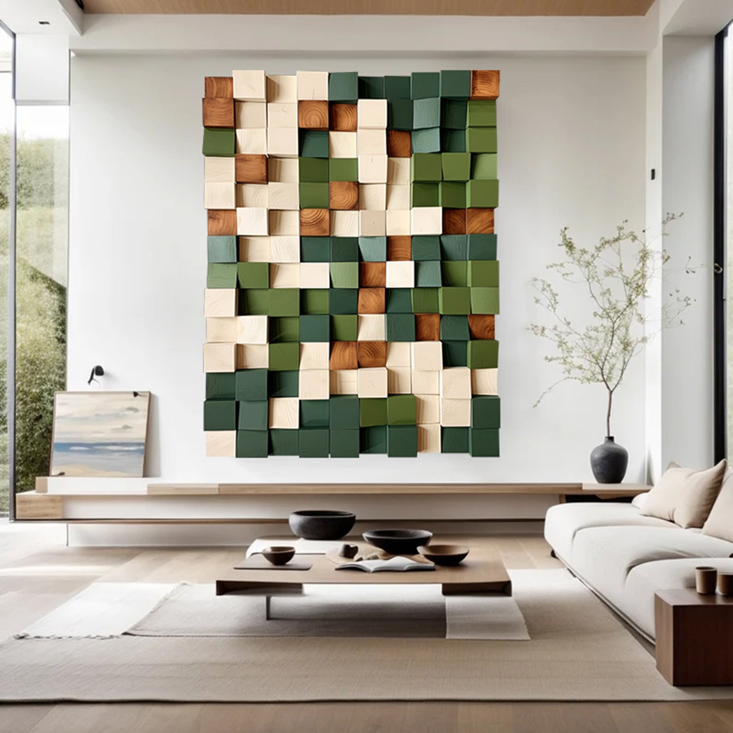 Colorful Wood Block Art Geometric Wood Wall Art Green Sculptured art Painting Green Textured Wall Art Colorful Geometric Wood Art