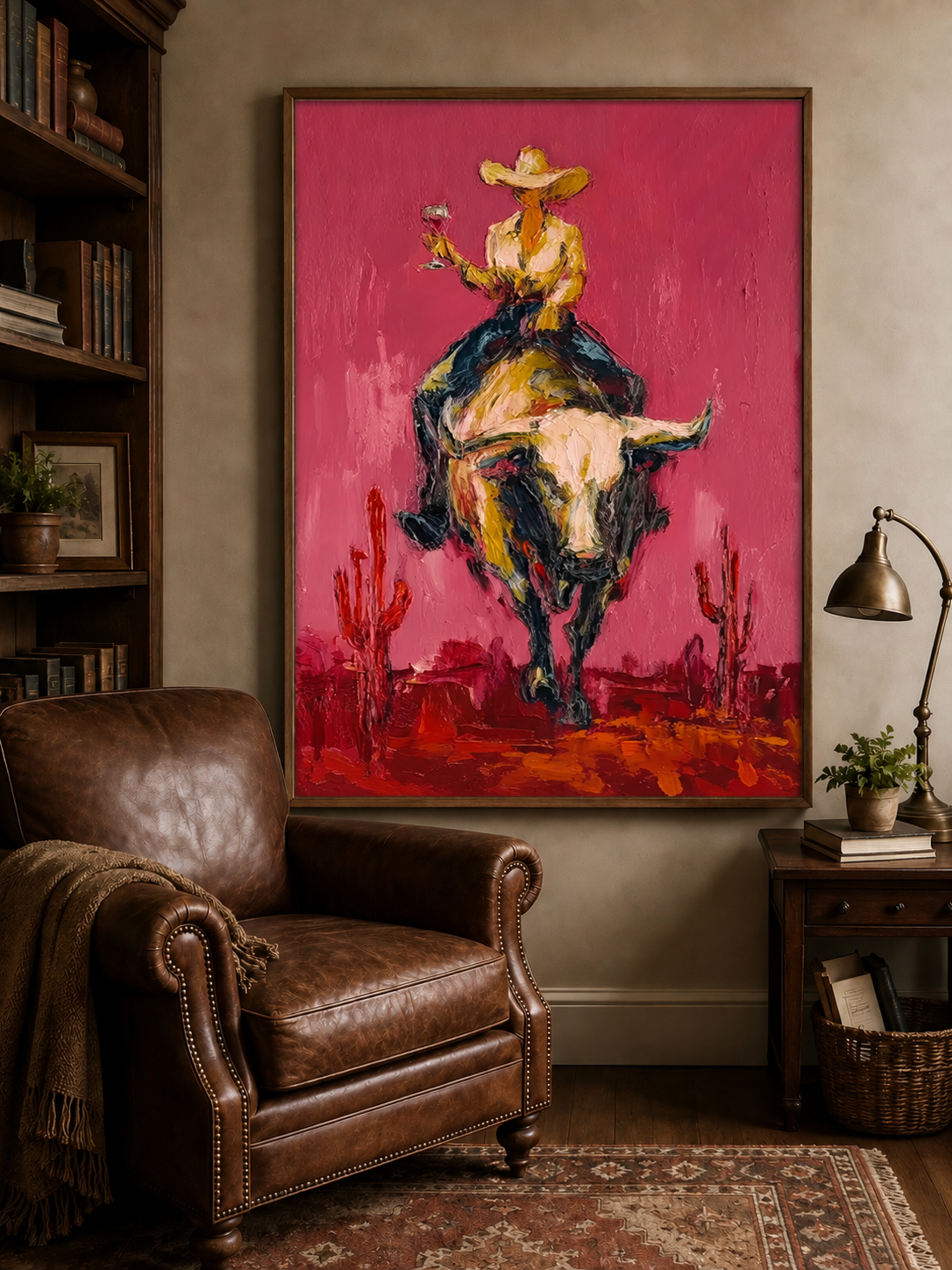 Pink Rodeo Bull Rider Hand-Painted Oil Painting | Southwestern Wall Art