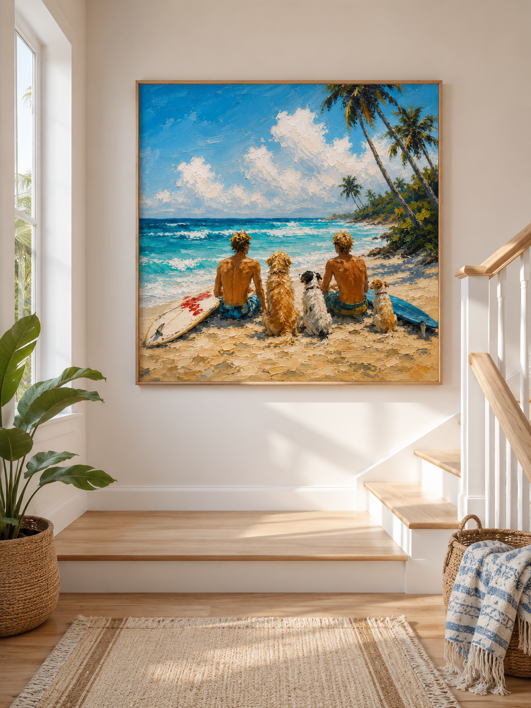Modern Textured Beach Art Summer Beach Surfing Oil Painting With Dogs For Modern Home Decor