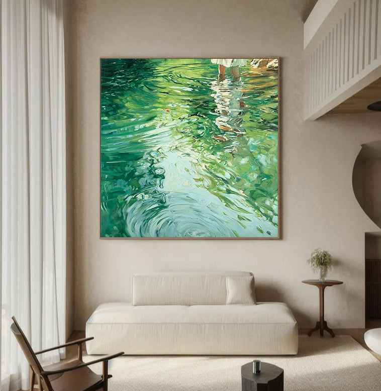Oil painting of a girl on water, lakeside painting, green textured landscape art